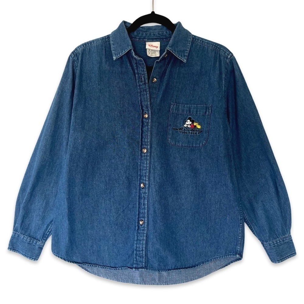 Disney Store Mickey Denim Shirt Button Up Mickey Mouse Pocket Dark Blue VINTAGE
